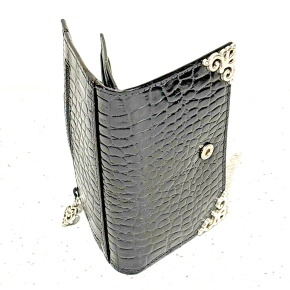 Brighton Black Leather Wallet Moc Croc Textured Card ID Bifold Coin Purse Silver - Picture 7 of 9